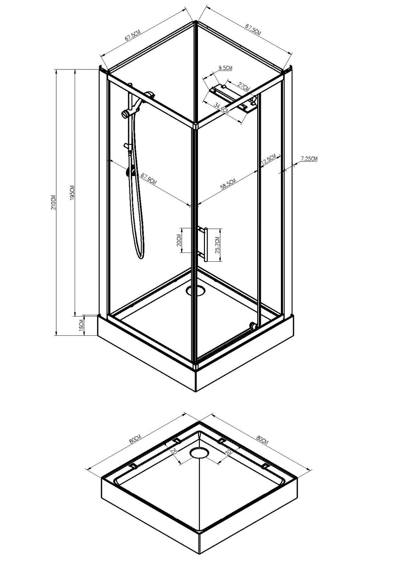 Cabine de douche complète Domino 80x80x210 alu mat verre 5mm