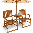 Ensemble de banc de jardin causeuse 2 personnes en bois d'acacia avec table et trou pour parasol pliable 141 x 61 x 87 cm