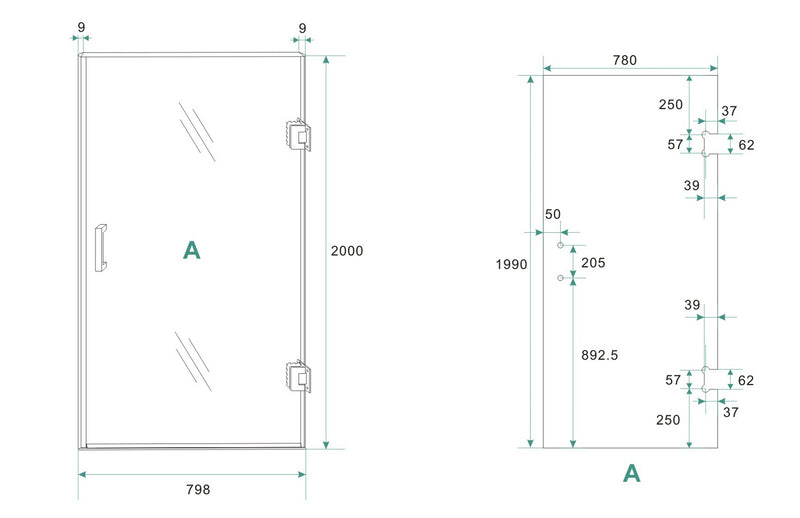Less nisdeur rechts 800 x 2000 x 8 mm nano spiegelrook- naar helder glas/gunmetal