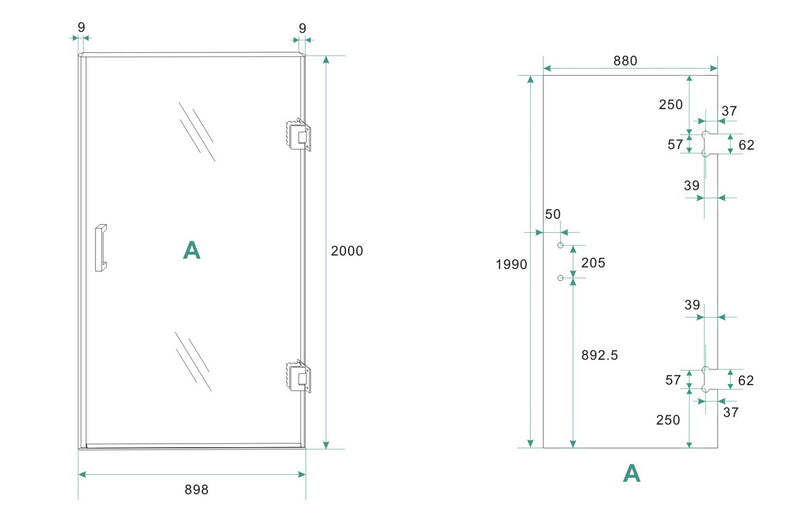 Less nisdeur rechts 900 x 2000 x 8 mm nano spiegelrook- naar helder glas/geborsteld messing