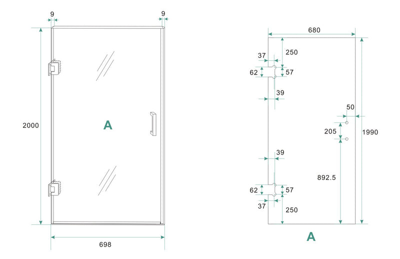 Less nisdeur links 700 x 2000 x 8 mm nano spiegelrook- naar helder glas/gunmetal