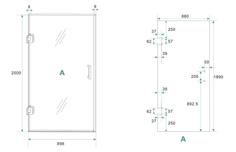 Less nisdeur links 900 x 2000 x 8 mm nano spiegelrook- naar helder glas/geborsteld messing