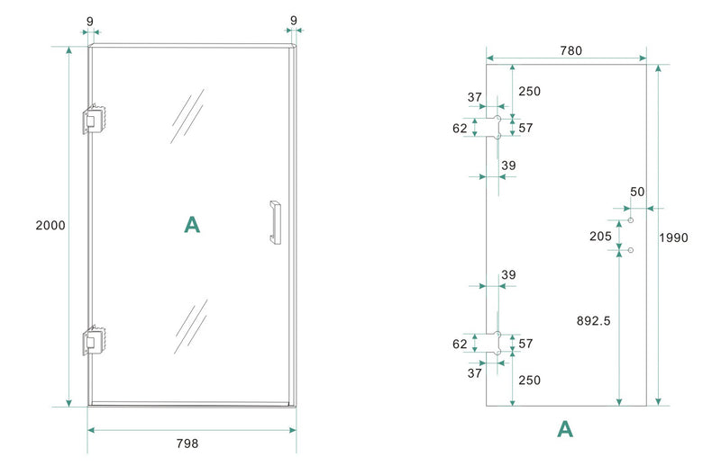 Less nisdeur 800 x 2000 x 8 mm nano rookglas/geborsteld messing