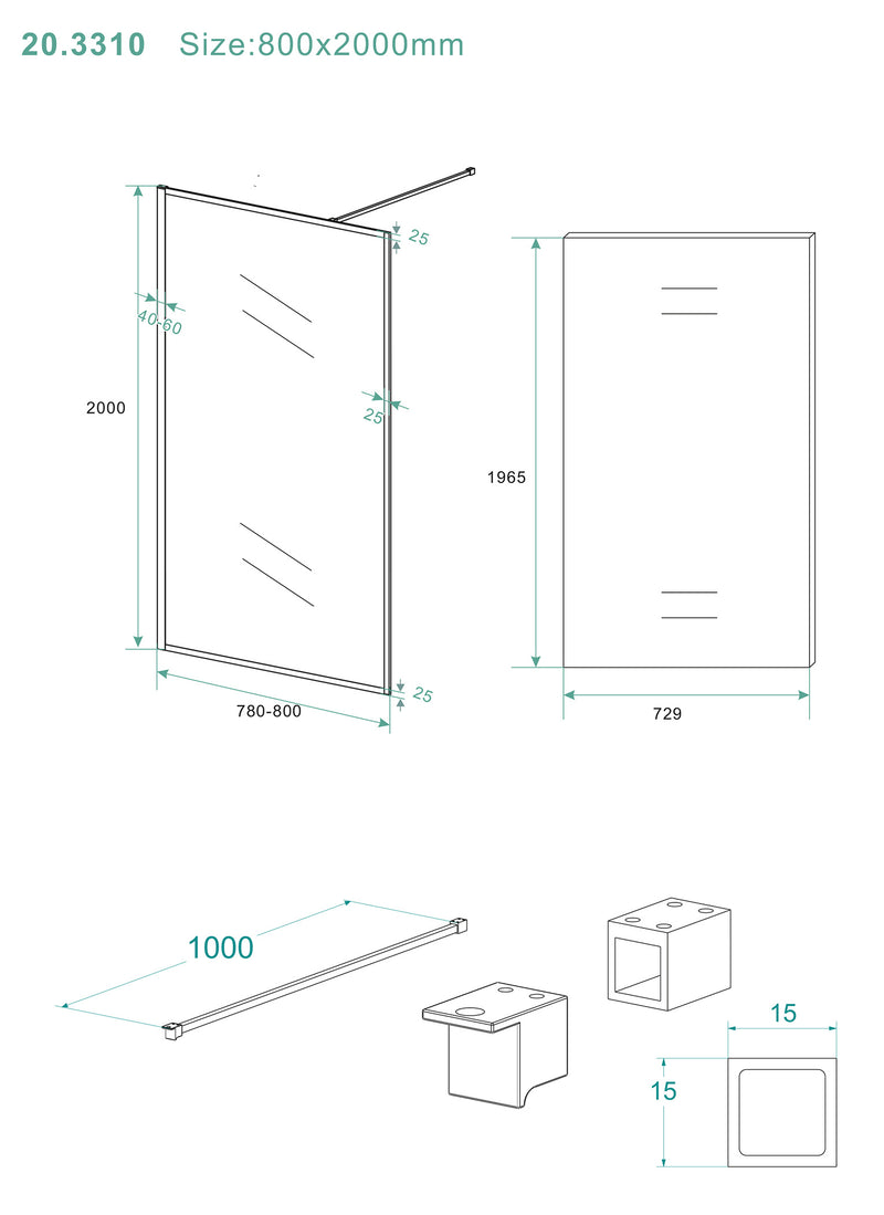 Square inloopdouche 800 x 2000 x 10 mm nano helder glas/mat zwart
