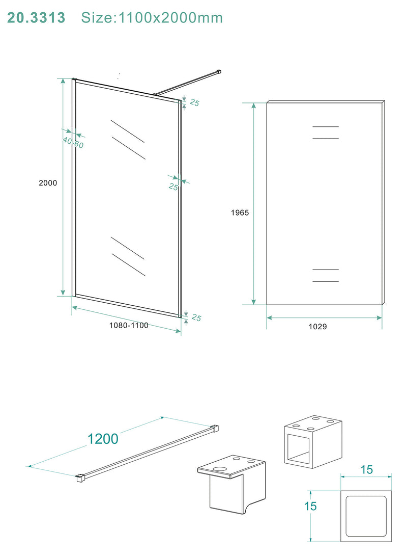 Square walk-in shower 1100 x 2000 x 10 mm nano clear glass/matt black