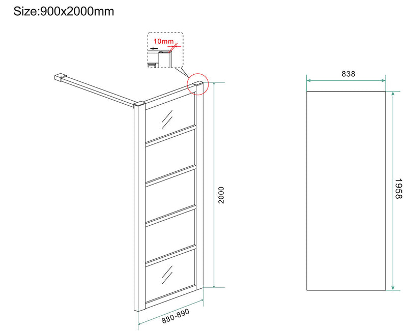 Horizon walk-in shower with grid 900 x 2000 x 8 mm nano clear glass/matt black
