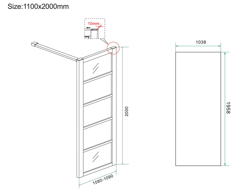 Horizon inloopdouche met raster 1100 x 2000 x 8 mm nano helder glas/mat zwart