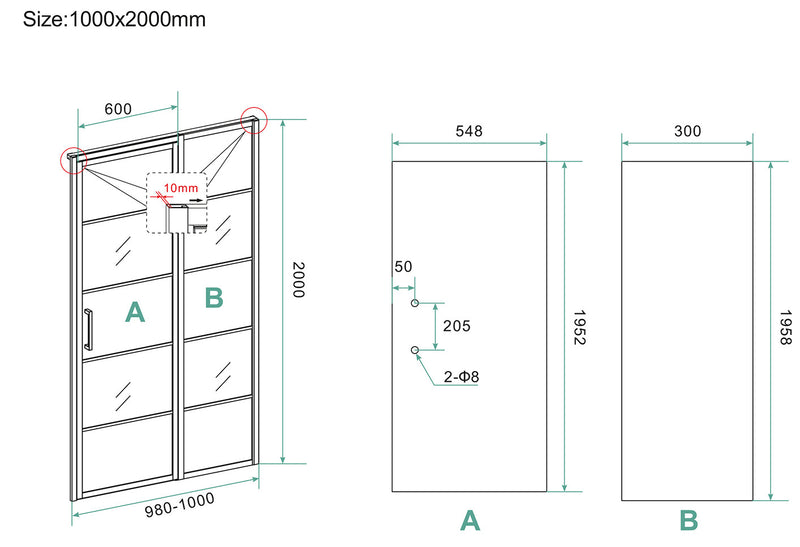 Horizon nisdeur met vast deel en raster 1000 x 2000 x 8mm nano helder glas/mat zwart
