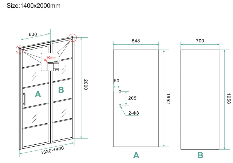 Horizon nisdeur met vast deel en raster 1400 x 2000 x 8mm nano helder glas/mat zwart