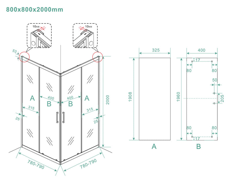 Skyline corner entry cabin with 2 sliding doors 800 x 800 x 2000 x 8 mm nano clear glass/matt black