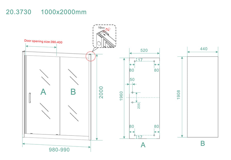 Skyline niche sliding door 1000 x 2000 x 8 mm nano clear glass/matt black