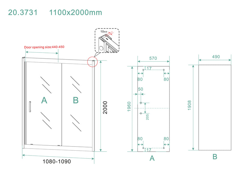 Skyline niche sliding door 1100 x 2000 x 8 mm nano clear glass/matt black