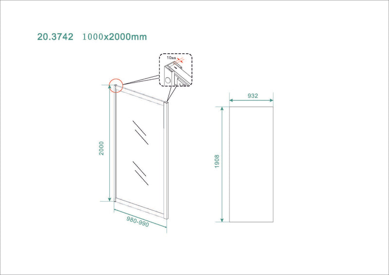 Skyline zijwand voor nis schuifdeur 1000 x 2000 x 8 mm nano helder glas/mat zwart