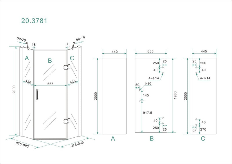 Cabine Pento avec 1 porte tournante 1000 x 1000 x 2000 x 8 mm nano verre clair/chrome