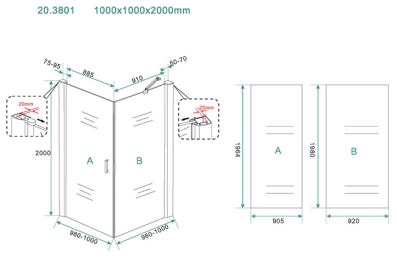 Salone cabine met 1 draaideur 1000 x 1000 x 2000 x 8 mm nano helder glas/mat zwart