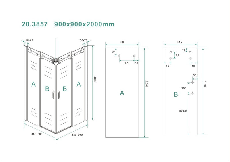 Entra corner entry cabin with 2 sliding doors 900 x 900 x 2000 x 8 mm nano clear glass/chrome