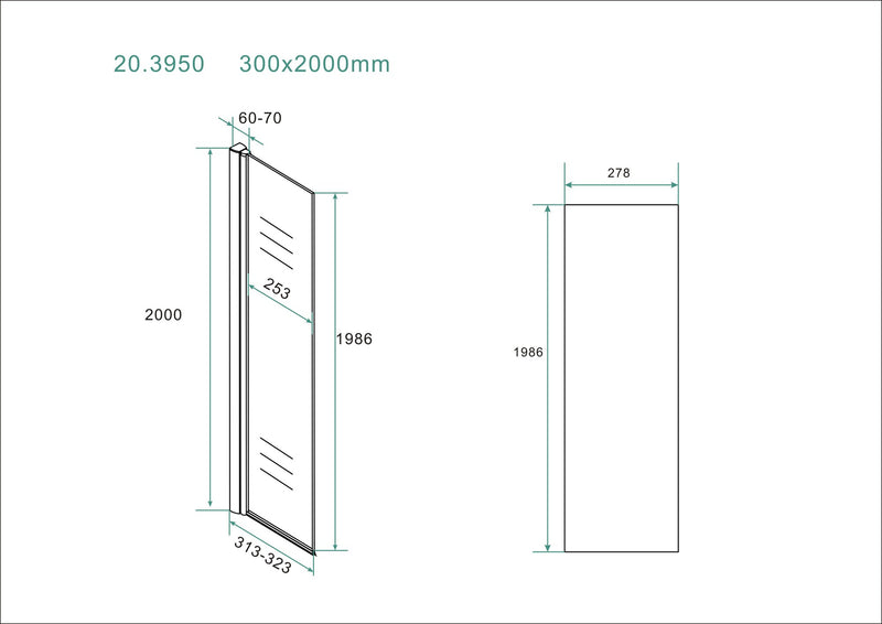 Comfort side wall rotatable with wall profile 300 x 2000 x 10 mm nano clear glass/chrome