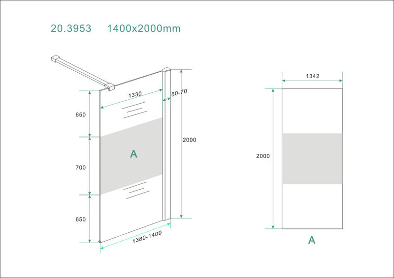 Comfort walk-in shower 1400 x 2000 x 8 mm nano clear glass with frosted glass center band/chrome