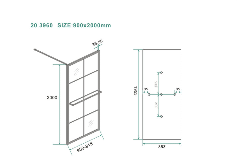 Maaz walk-in shower with grid and towel holder 900 x 2000 x 10 mm clear glass/matt black