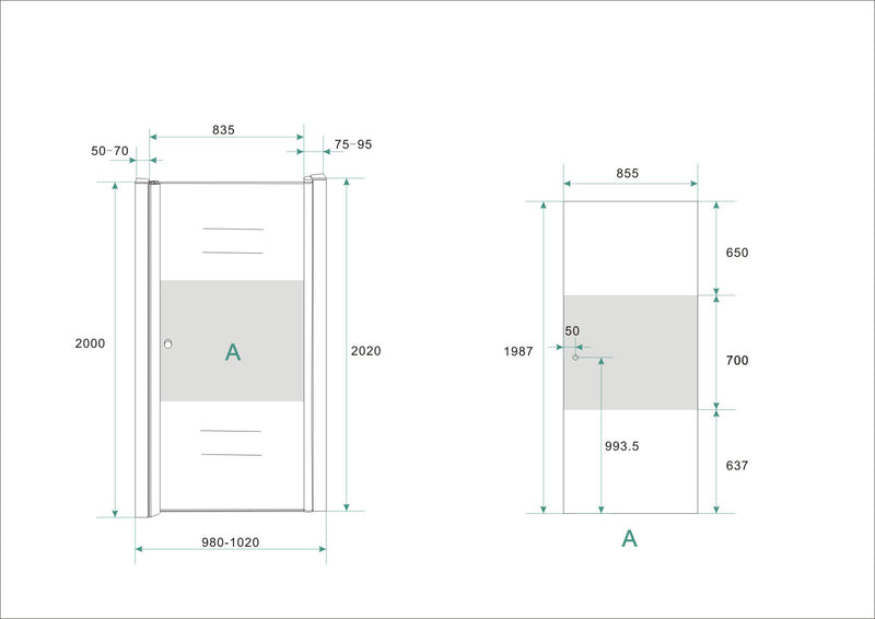 Partly niche door right 1000 x 2000 x 8 mm nano clear glass with frosted glass center band/chrome