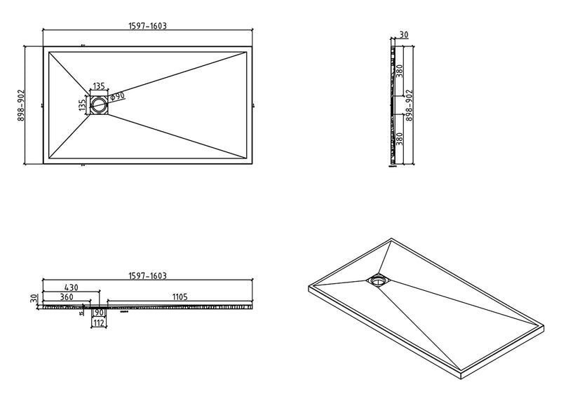 Stonea douchebak antislip composiet 900x1600x30 mm inkortbaar mat wit