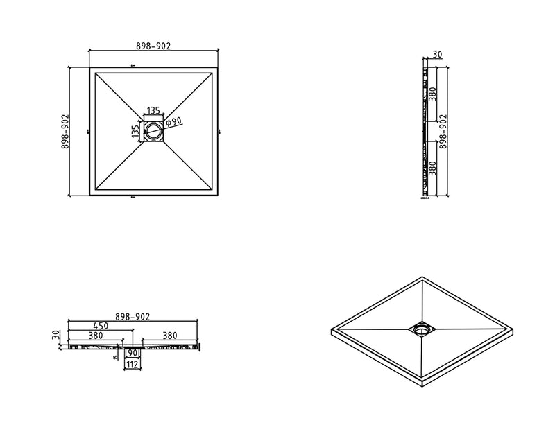 Stonea douchebak antislip composiet 900x900x30 mm inkortbaar mat zwart