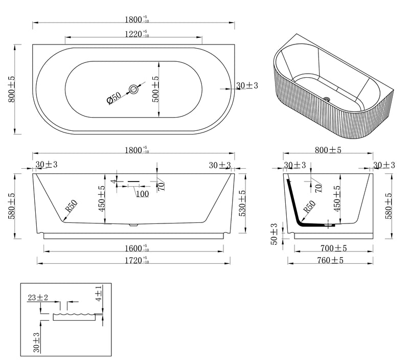 Rivi half vrijstaand ligbad 180 x 80 cm acryl mat wit met waste mat wit