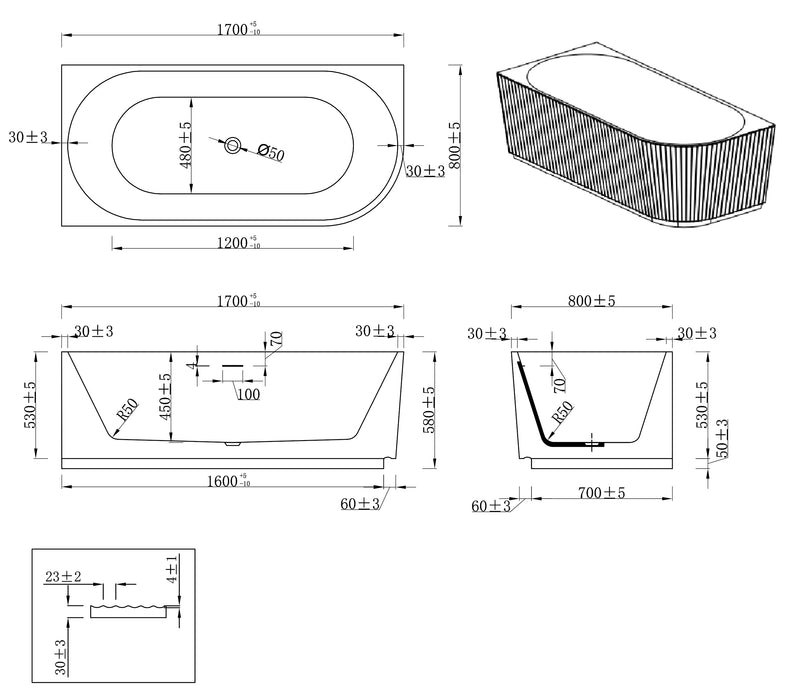 Rivi hoekbad links 170 x 80 cm acryl glans wit met waste glans wit