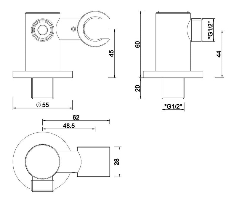 Coude de raccordement mural UniMatch avec support de douchette inclinable rond 1/2" noir mat