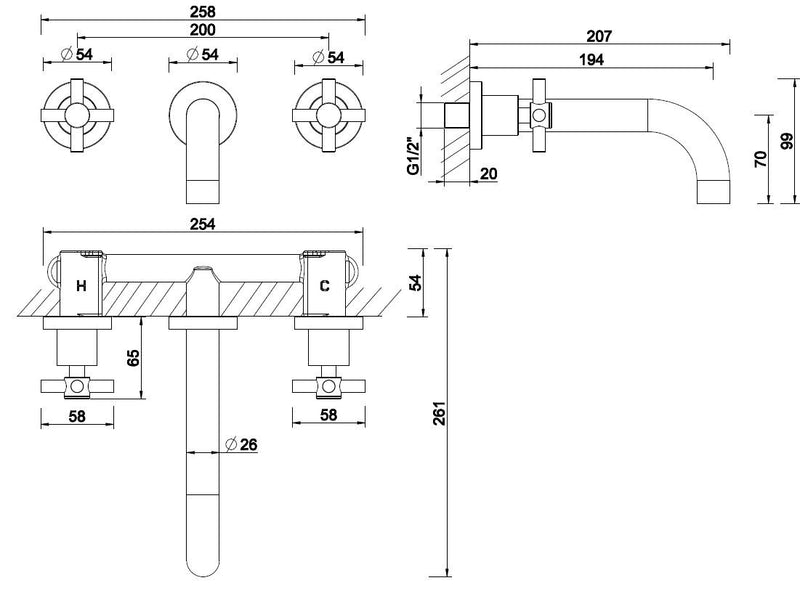 Cross finishing part washbasin tap 2-button built-in brushed steel