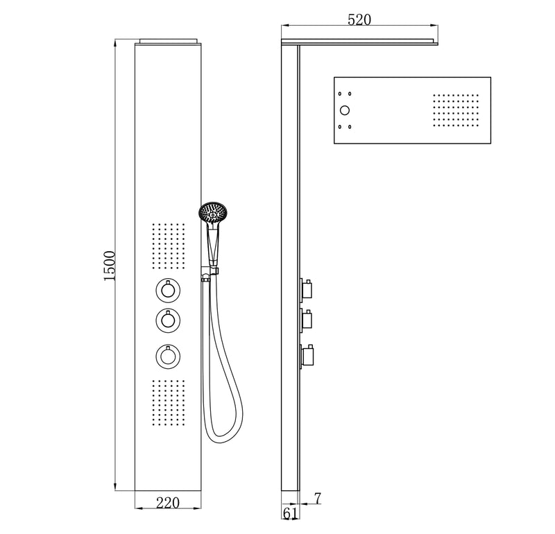 Ontario thermostatische douchekolom 150x22 cm RVS