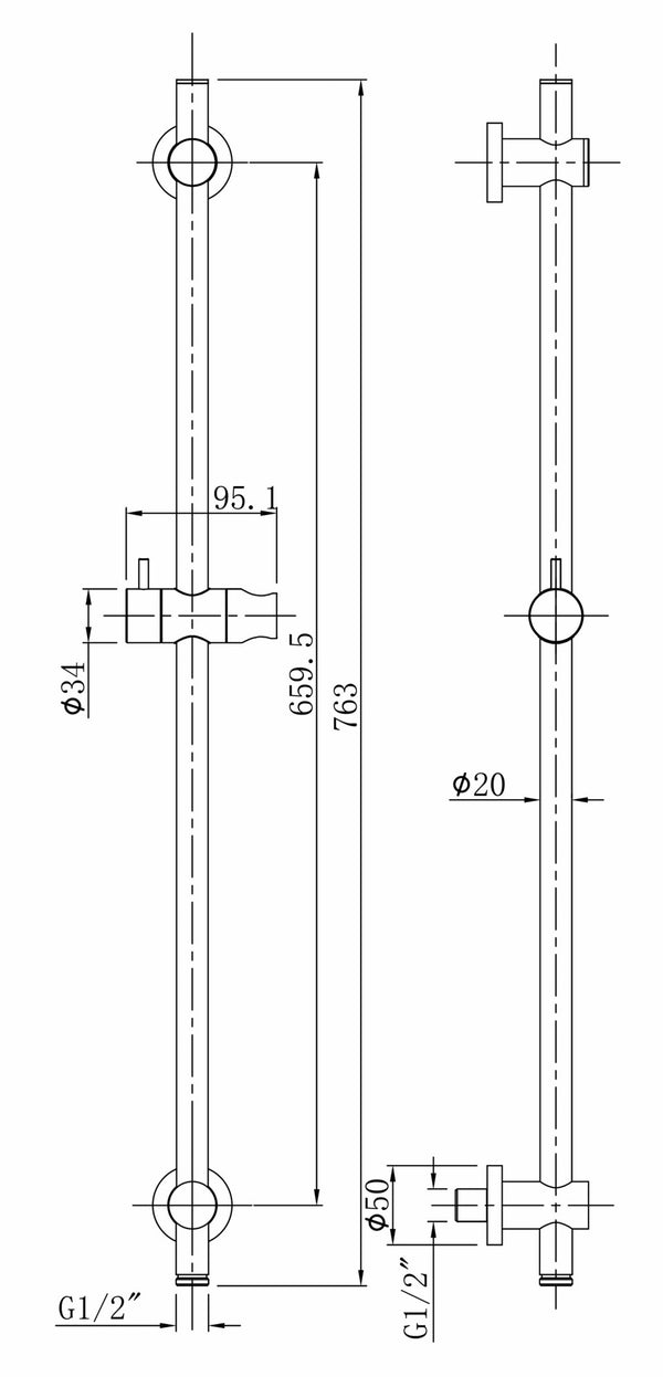 UniMatch sliding bar with water connection 76.5 cm matt black