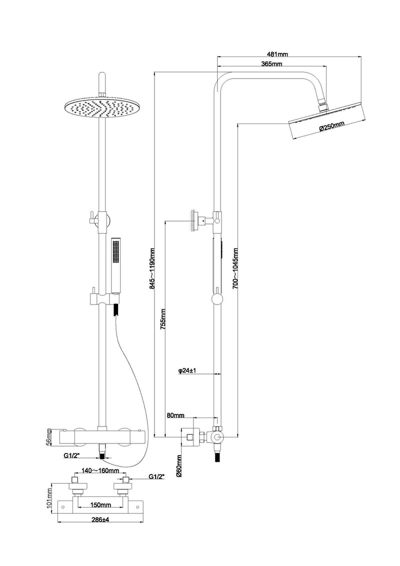 Ensemble de douche thermostatique à effet pluie Caral en saillie en laiton brossé PVD