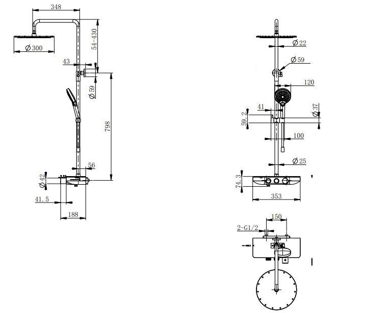 Nuovo thermostatic rain shower set surface-mounted with chrome shelf