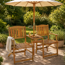 Ensemble de banc de jardin causeuse 2 personnes en bois d'acacia avec table et trou pour parasol pliable 141 x 61 x 87 cm