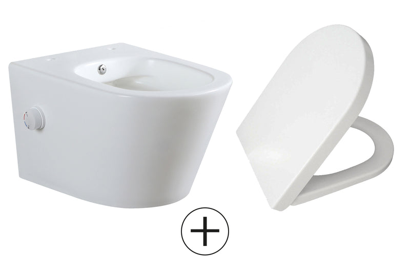 Vesta wandcloset rimless met bidetkraan warm koud water met Shade slim toiletzitting mat wit