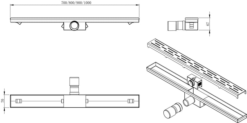 3rd generation shower channel with grid 70 x 7 cm stainless steel