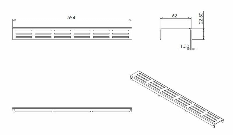 grille type 1 pour caniveau de douche 3ème génération 60 x 7 cm en acier inoxydable