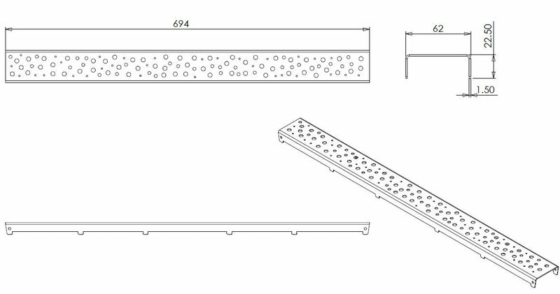 Grate type 3 for shower channel 70 x 7 cm stainless steel
