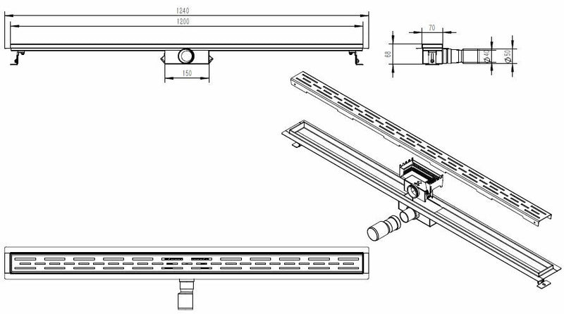 Eco shower channel with flange and grid 120 x 7 cm stainless steel
