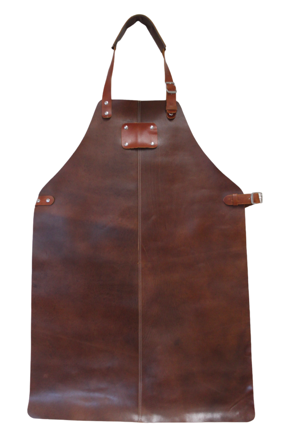 Tablier de barbecue en cuir marron premium mouillé. 2 pièces