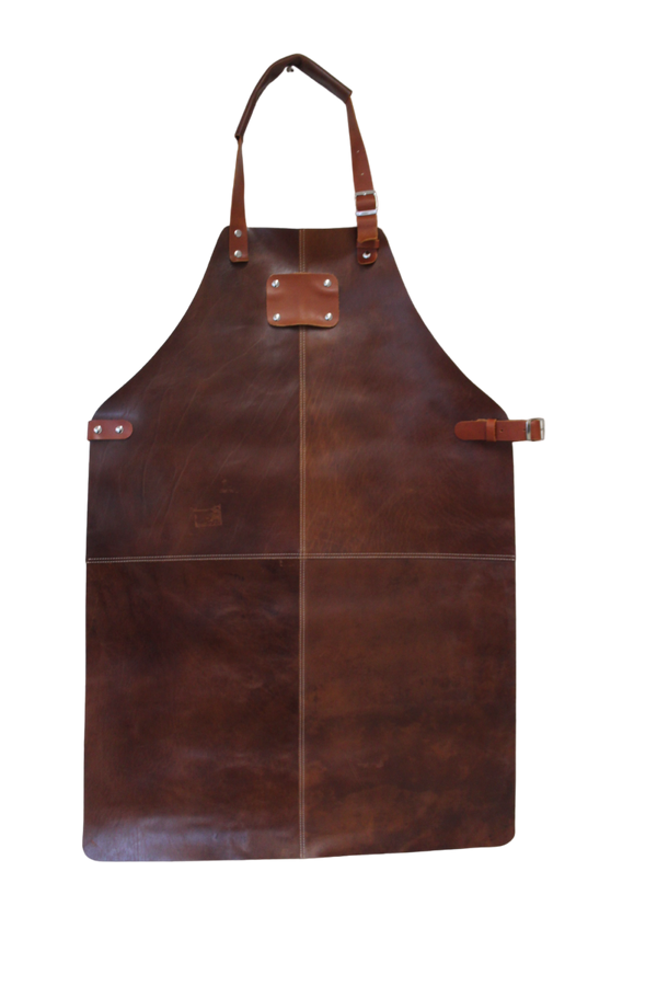 Tablier de barbecue en cuir marron premium mouillé. 4 pièces