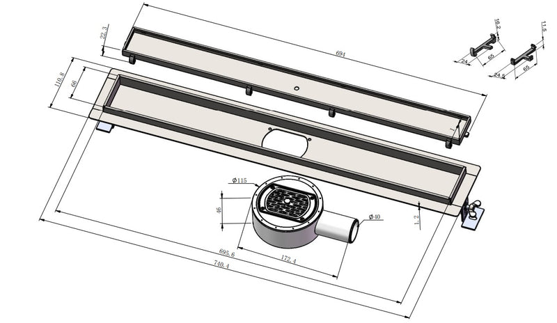 Shower drain Tile grid 70 cm stainless steel by L'Aqua