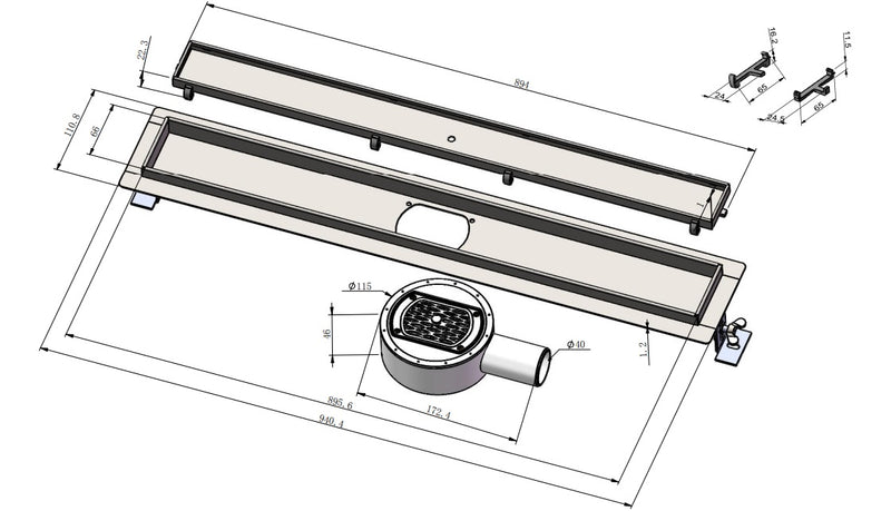 Caniveau de douche en acier inoxydable Pro Tile 90 cm Siphon rotatif à 360° avec grille en carrelage et plaque par L'Aqua®