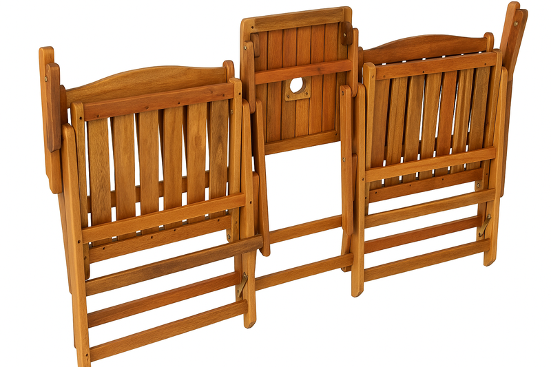 Ensemble de banc de jardin causeuse 2 personnes en bois d'acacia avec table et trou pour parasol pliable 141 x 61 x 87 cm