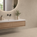 Vloertegel New Tiles Etna Beige 100x100 cm badkamer detail met houten wastafelmeubel